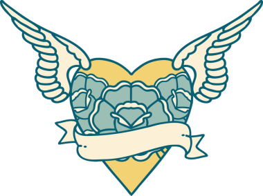 Kanatlı, çiçek ve bir insan tarafından çizilmiş bir kalbin ikonik dövme görüntüsü.