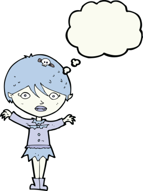 Bir insan tarafından çizilmiş düşünce balonlu vampir kız çizgi filmi.