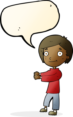 Bir insan tarafından çizilmiş konuşma balonu olan mutlu bir çocuk.