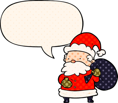 Bir insan tarafından çizilmiş çizgi roman tarzında konuşma balonu olan noel baba çizgi filmi.