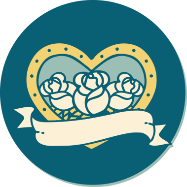 Geleneksel kalp stili dövme çıkartması ve bir insan tarafından çizilmiş çiçekli pankart.