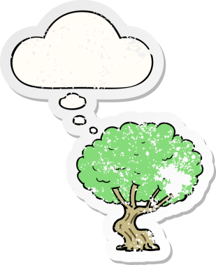 Düşünce baloncuğu olan çizgi film ağacı insan tarafından çizilmiş yıpranmış bir çıkartma gibi.