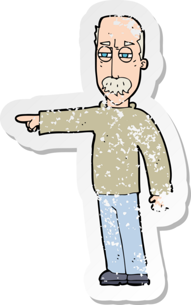 Bir karikatürün gerilimli çıkartması. Yaşlı bir adam el kol hareketi yapıyor. Bir insan tarafından çizilmiş.