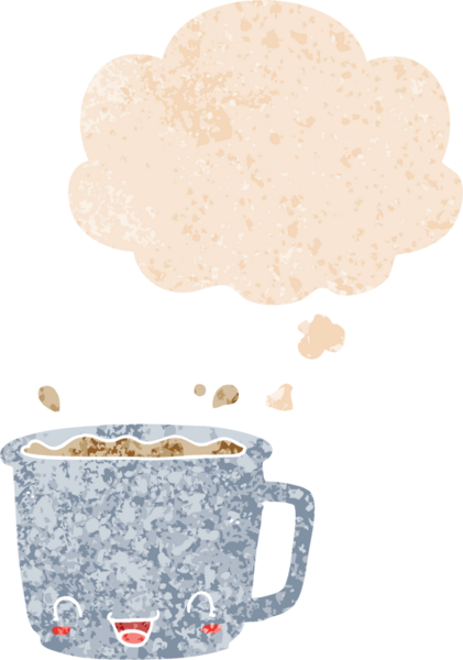 Düşünce baloncuklu bir kahve fincanı grunge sıkıntılı retro desenli bir insan tarafından çizilmiş