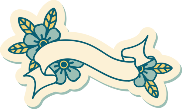 Geleneksel dövme stili bir pankart ve insan tarafından çizilmiş çiçekler.