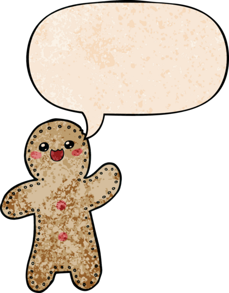 Bir insan tarafından çizilmiş eski moda konuşma balonlu zencefilli kurabiye adam.