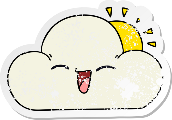 Çizgi film güneşi ve bir insan tarafından çizilmiş mutlu bir bulut.