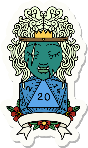 Bir insan tarafından çizilmiş doğal 20 zarlı yarı ork barbar bir karakterin çıkartması.