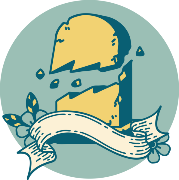 Bir insan tarafından çizilmiş kırık bir mezar taşının pankartıyla dövme stili simgesi