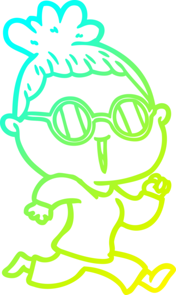 Bir insan tarafından çizilmiş gözlüklü, çizgi film koşucusu bir kadının soğuk gradyan çizimi
