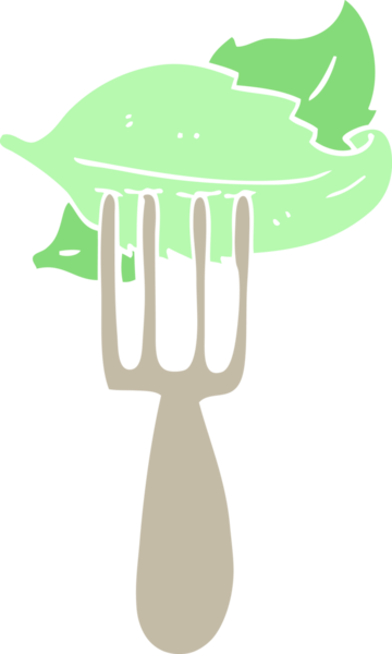 Bir insan tarafından çizilmiş çatalın üzerinde düz renkli salata yaprakları.