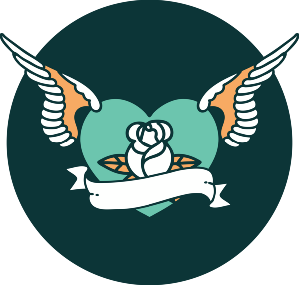 Bir insan tarafından çizilmiş çiçek ve bayrak ile uçan bir kalbin ikonik dövme görüntüsü