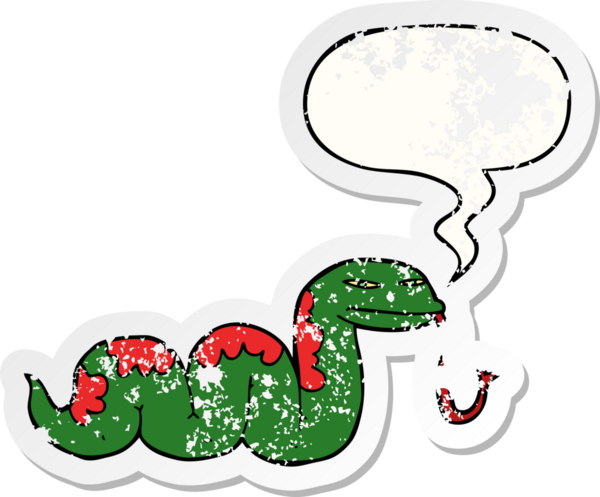 Çizgi film sürünen yılan konuşma baloncuğu ile sıkıntılı eski bir çıkartma bir insan tarafından çizilmiş