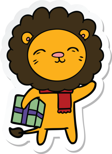 Bir insan tarafından çizilmiş noel hediyeli çizgi film aslanının çıkartması.