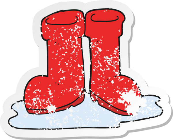 Bir insan tarafından çizilmiş su birikintisindeki Wellington çizmelerinin gerilimli yapıştırması.
