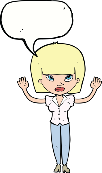 Bir insan tarafından çizilmiş konuşma baloncuğu olan ellerini kaldırmış çizgi film kadını.