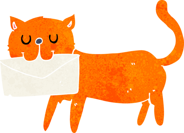 Bir insan tarafından çizilmiş bir mektup taşıyan çizgi film kedisi.