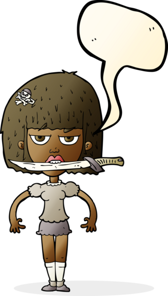 Bir insan tarafından çizilmiş konuşma baloncuğuyla dişlerinin arasında bıçak taşıyan çizgi film kadını.