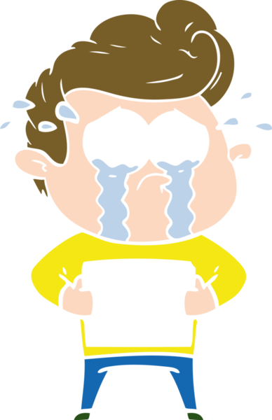 Düz renkli çizgi film karakteri ağlayan adam bir insan tarafından çizilmiş bir mektup alıyor.