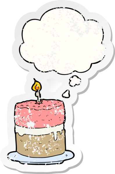 Düşünce baloncuğu olan çizgi film pastası, bir insan tarafından çizilmiş yıpranmış bir çıkartma gibi.