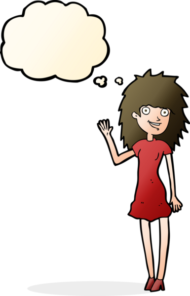 Bir insan tarafından çizilmiş düşünce baloncuğuyla el sallayan mutlu bir kadın.