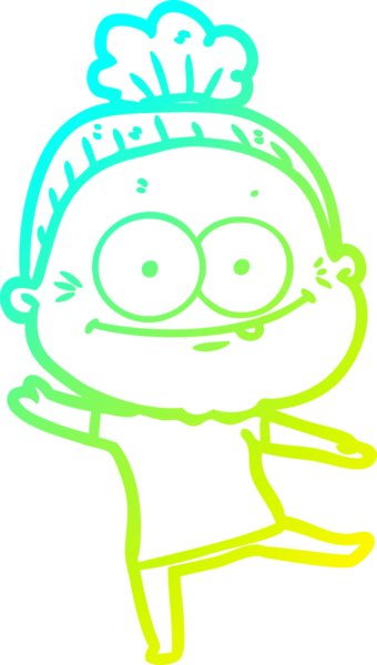 Bir insan tarafından çizilmiş, mutlu, yaşlı bir kadının çizimi.