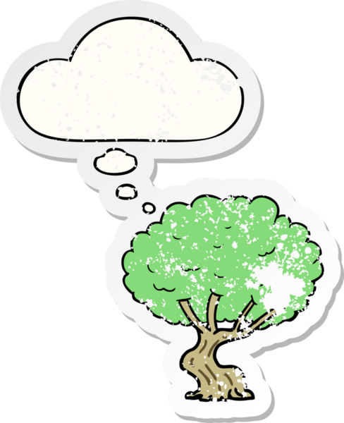Düşünce baloncuğu olan çizgi film ağacı insan tarafından çizilmiş yıpranmış bir çıkartma gibi.