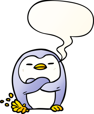 karikatür penguen ayağı bir insan tarafından çizilmiş yumuşak eğimli konuşma baloncuğu ile vuruyor.