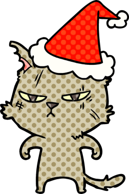Sert el çizimi çizgi roman tarzı Noel Baba şapkası takan bir kedinin bir insan tarafından çizilmiş resmi.