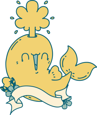 Dövme stili parşömen bir insan tarafından çizilmiş mutlu, fışkırtan balina karakteri