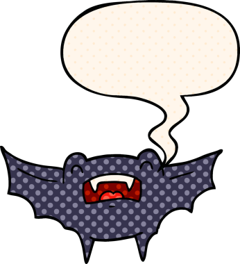 Bir insan tarafından çizilmiş çizgi roman tarzında konuşma balonu olan vampir yarasa çizgi filmi.