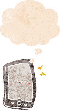 Bir insan tarafından çizilmiş grunge sıkıntılı retro biçimli düşünce baloncuklu sevimli çizgi film cep telefonu