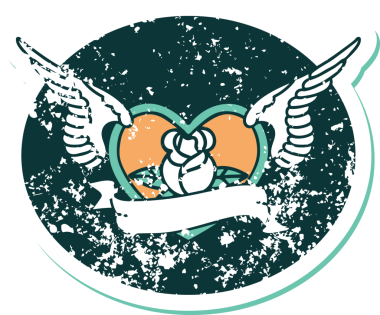 Bir insan tarafından çizilmiş çiçek ve pankartıyla uçan bir kalbin sembolik dövmeli resmi.