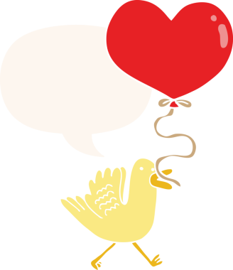 Bir insan tarafından çizilmiş, balonlu, konuşma balonlu çizgi film kuşu.