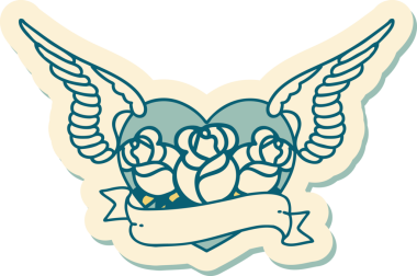 Geleneksel bir dövme stili. Uçan kalp. Çiçekler ve bir insan tarafından çizilmiş bayrak.