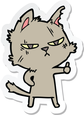 Sert bir çizgi film kedisinin insan tarafından çizilmiş baş parmak işareti yapıştırması.