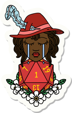 Ağlayan bir insan şairin çıkartması ve bir insan tarafından çizilmiş doğal bir D20 zar.