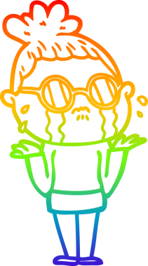 Gökkuşağı gradyan çizgi çizimi. Bir insan tarafından çizilmiş gözlük takan ağlayan bir kadın.