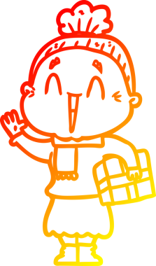 Bir insan tarafından çizilmiş mutlu, yaşlı bir kadının sıcak çizgi çizimi.