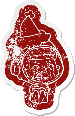 Bir insan tarafından çizilmiş Noel Baba şapkası giyen ağlayan bir astronotun garip karikatürü.