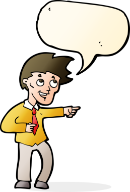 Bir insan tarafından çizilmiş bir konuşma balonuyla işaret eden komik ofis adamı.