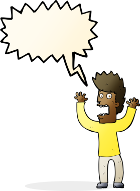 Bir insan tarafından çizilmiş, konuşma balonuyla dehşete düşmüş bir adam.