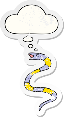 Düşünce baloncuğu olan çizgi film yılanı, insan tarafından çizilmiş, yıpranmış bir çıkartma gibi.