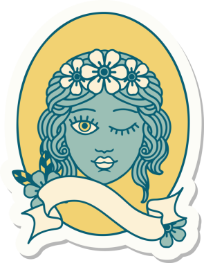 Bir insan tarafından çizilmiş çiçek taçlı bir bakirenin sancağıyla dövme stili çıkartması.