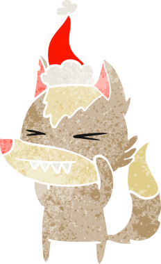 Kızgın kurt el, bir insan tarafından çizilmiş Noel Baba şapkasının retro karikatürünü çizdi.