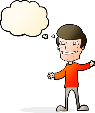 Bir insan tarafından çizilmiş düşünce baloncuğu ile sırıtan çizgi film adamı.