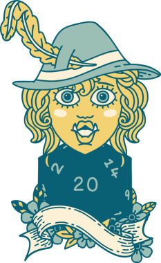 Retro Dövme Tarzı Şarkı Söyleyen Yarı Ork Ozan Bir insan tarafından çizilmiş doğal yirmi zar ile