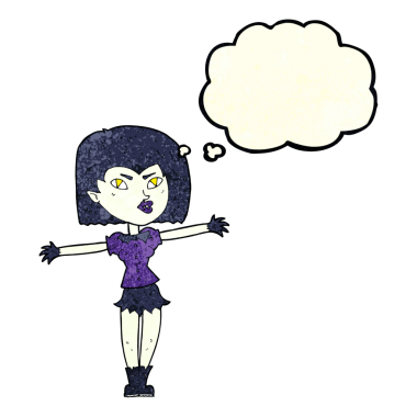 Bir insan tarafından çizilmiş düşünce balonlu vampir kız.