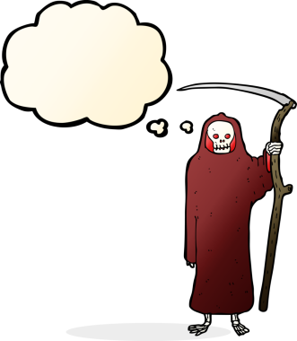 Bir insan tarafından çizilmiş düşünce baloncuklu ölüm karikatürü