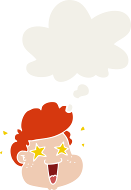 Düşünce baloncuğu olan çizgi film çocuğunun yüzü bir insan tarafından çizilmiş.